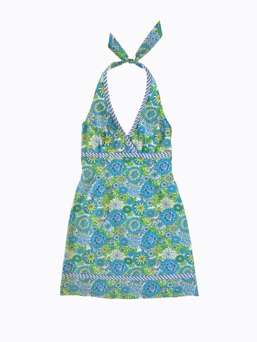 Lilly Pulitzer Hidden Zebra Halter Dress XS Blue Green Floral Stripe Trim Preppy